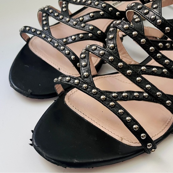 Miu Miu Black Leather Studded Gladiator Flat Sandals - Picture 12 of 12
